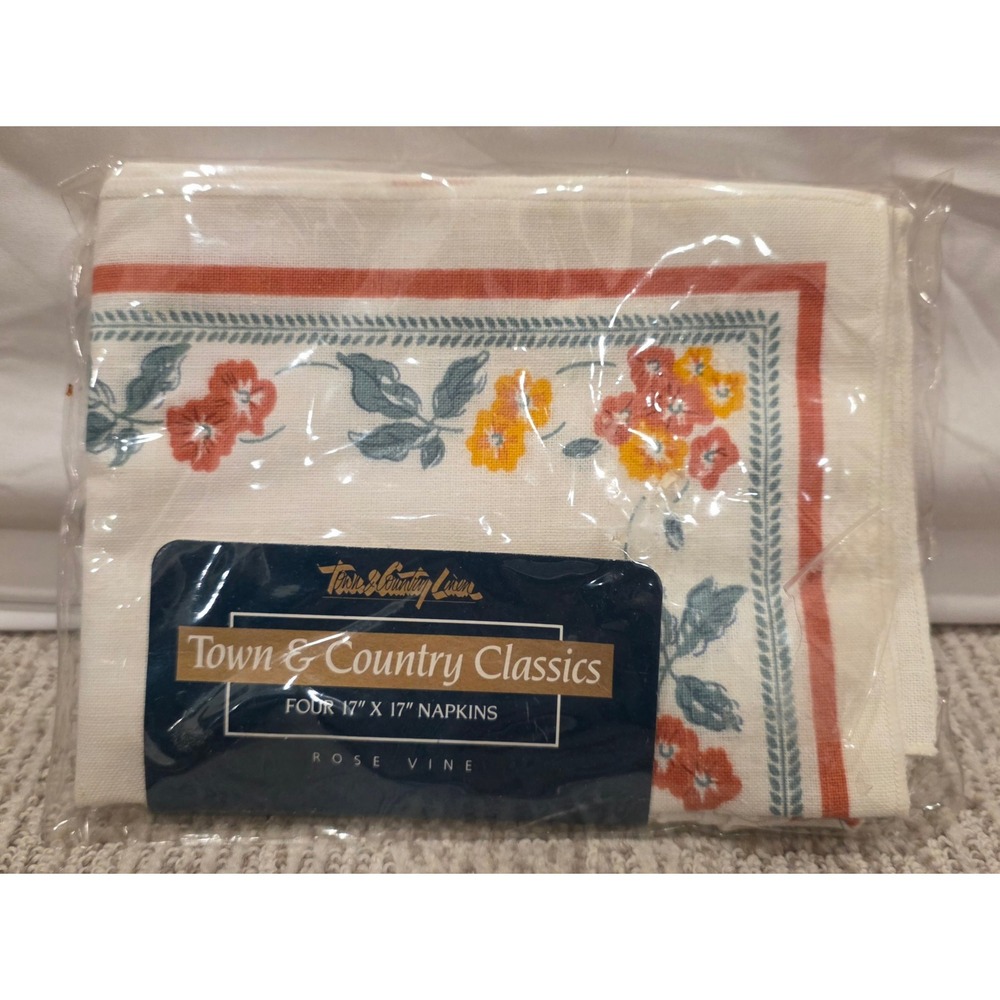 Town & Country Classics Rose Vine Napkins Set of 4 Vintage 1990 Floral 17x17